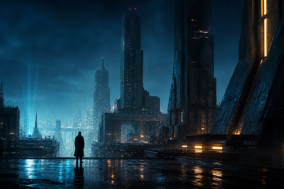 Rainy futuristic city artwork